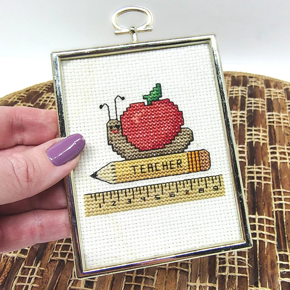 Finished Cross‑Stitch Art Snail Apple Teacher Gift Framed 3.5x4.5 Cute Vintage